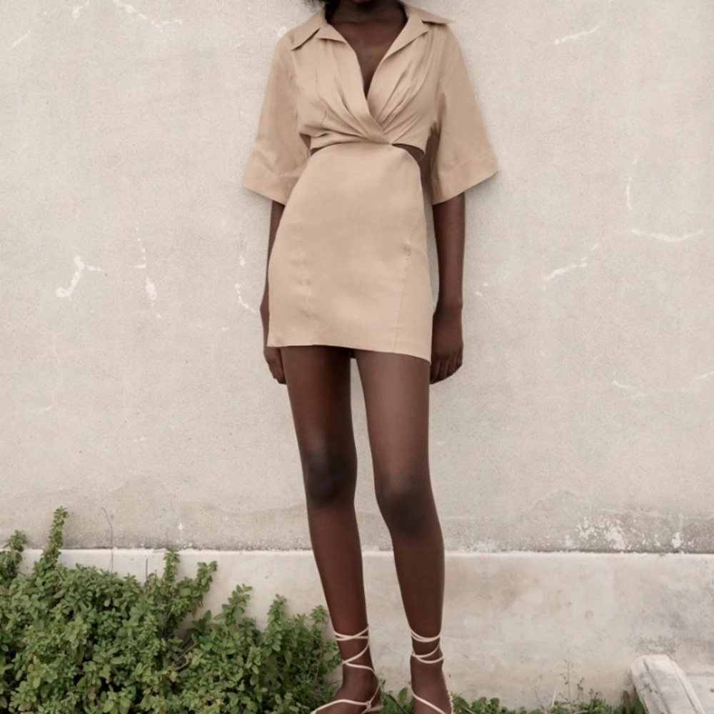 NWT. Zara Sand / Tan Cut-out Mini Dress. Size S.